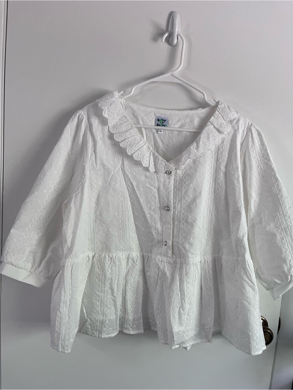 Shiny by Nature White Eyelet Peplum Button-Front Blouse with Ruffle Collar XL